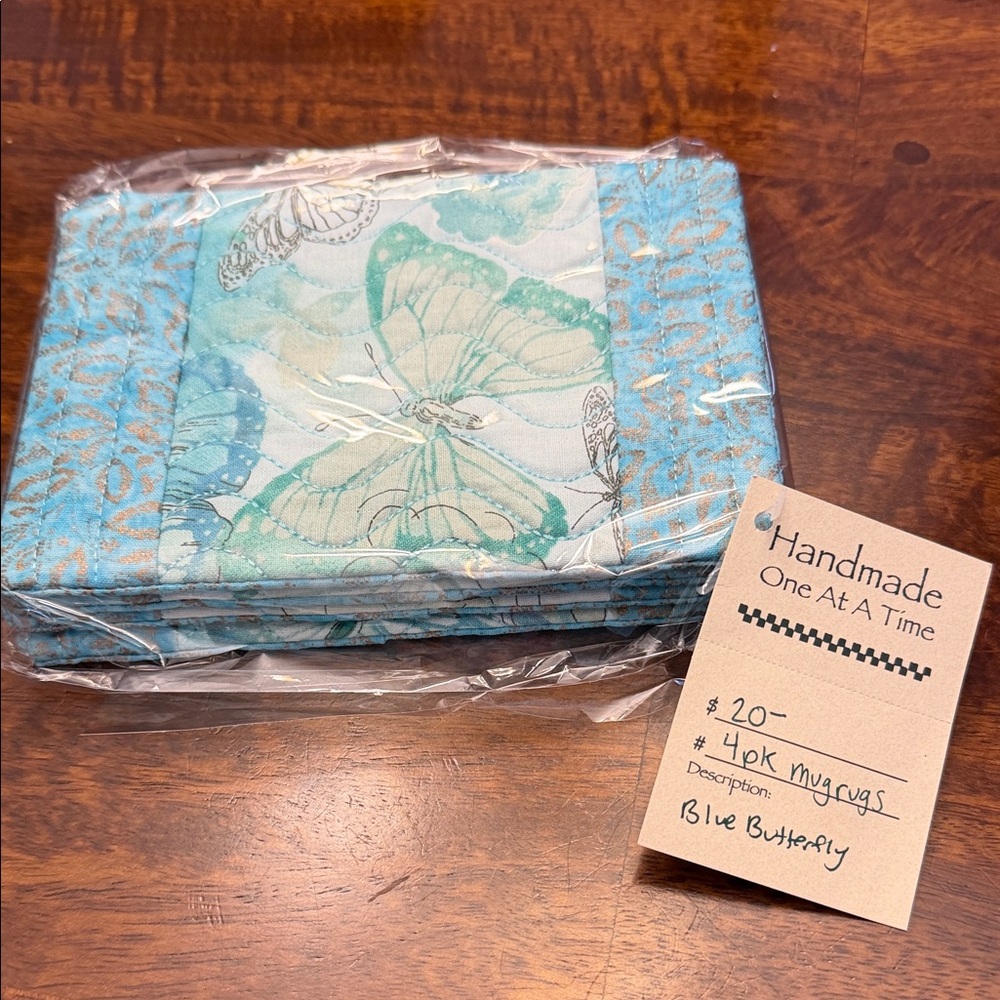Handmade Blue Butterfly Quilted Mug Rugs - Set of 4